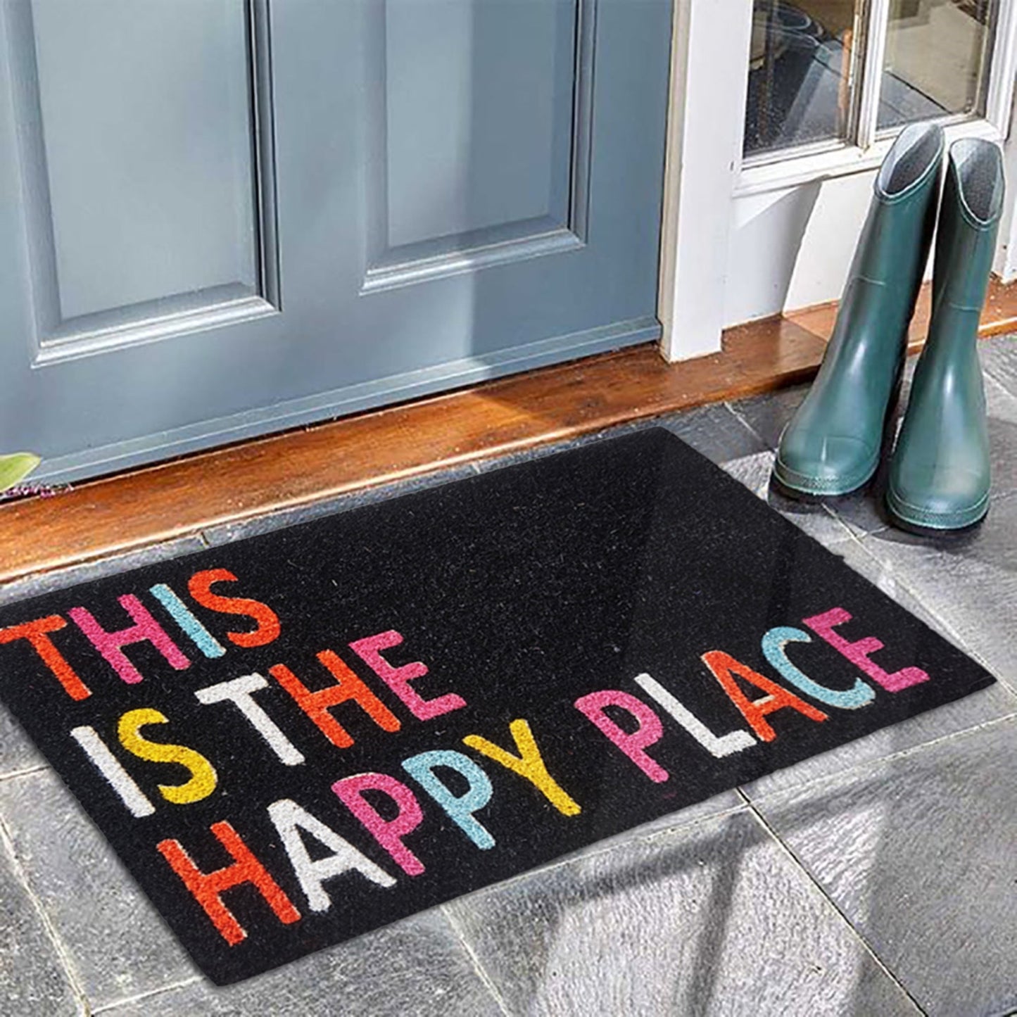 Coir Doormat "This Is The Happy Place", Black, PVC Bleached