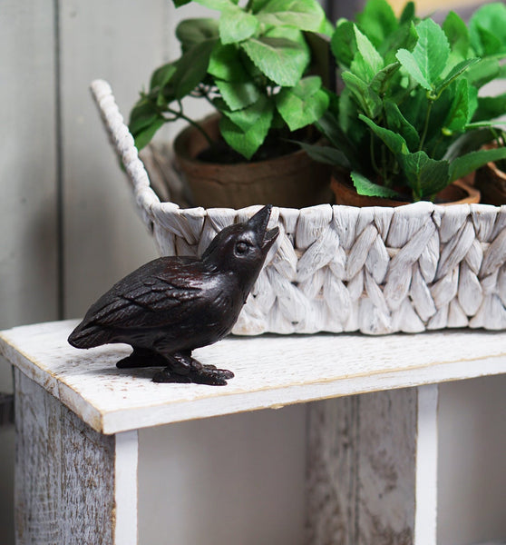 Decorative Cast Iron Baby Crow with Head Up for Indoor or Outdoor Use, Black Crow Statuette