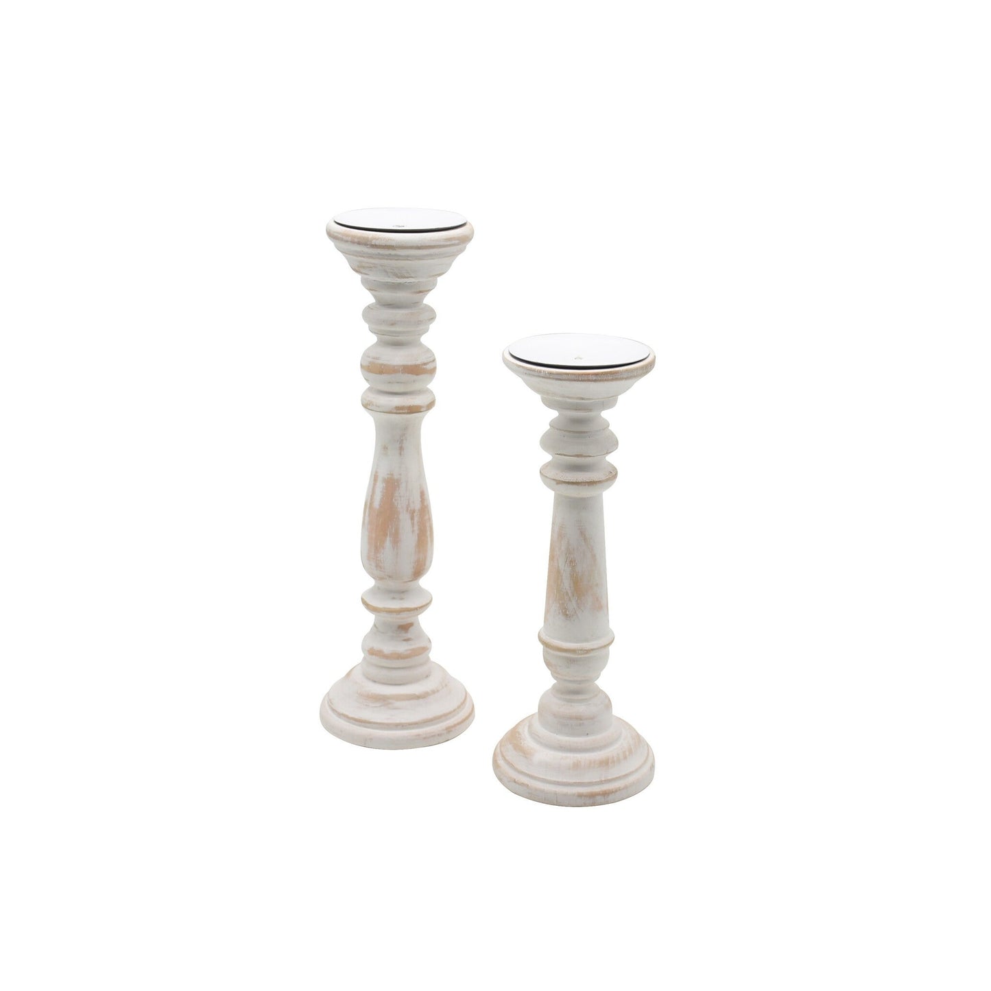 Round Wood Pillar Candle Holder, Antique White