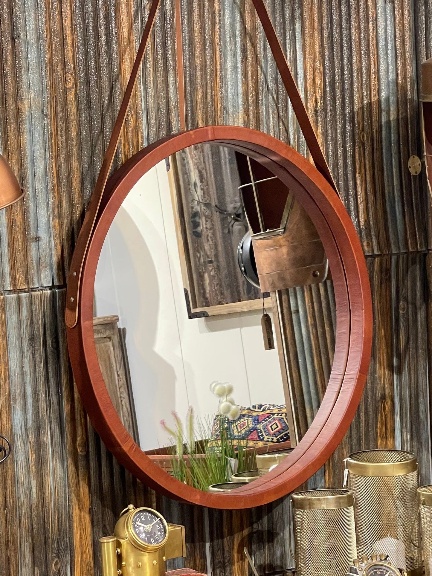 Rex Circular Mirror, Large, Leather, 20% Off
